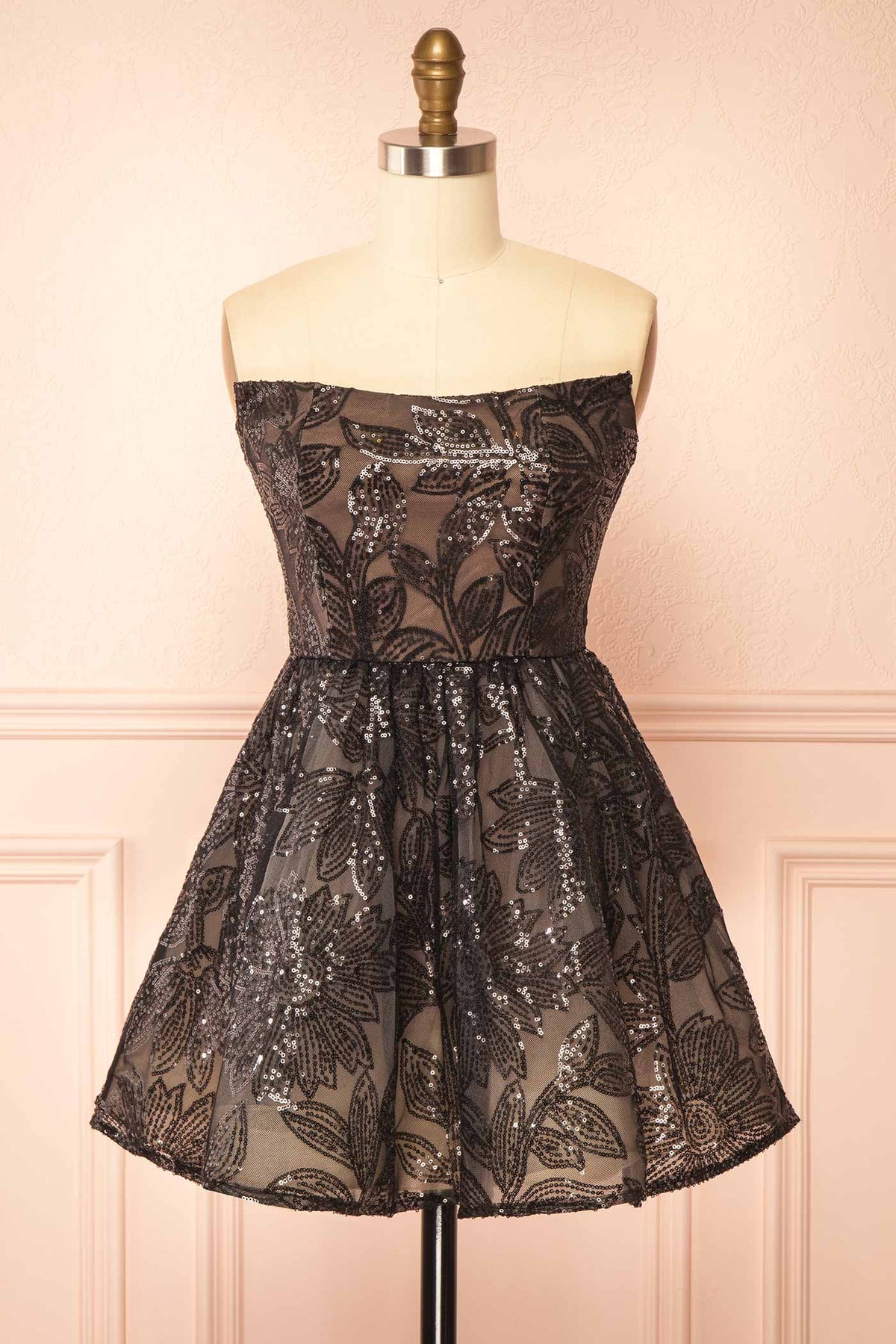 Front view of Daina Black Strapless Sequin Floral Embroidered Mini Dress at Boutique 1861