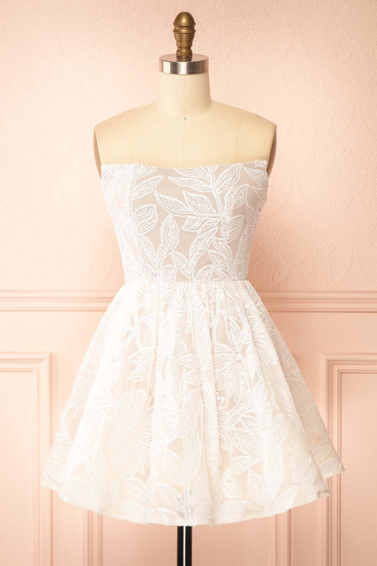 front view of Daina White Strapless Sequin Embroidered Mini Dress at Boutique 1861