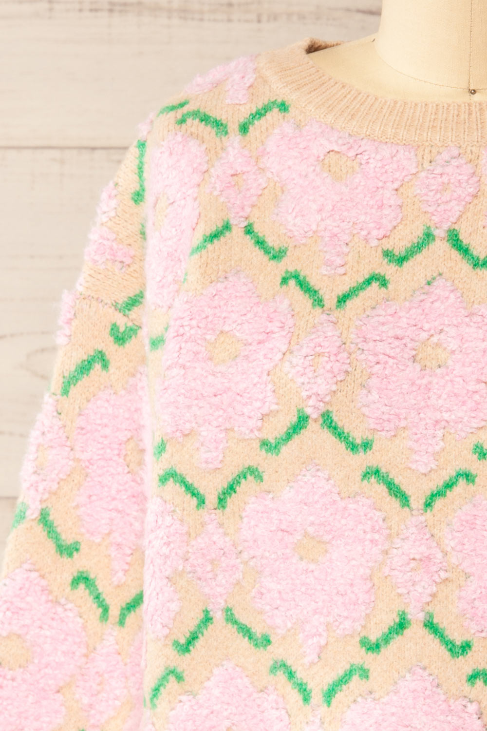 Dalhousie Beige Knit Sweater with Fuzzy Floral Pattern | La petite garçonne front