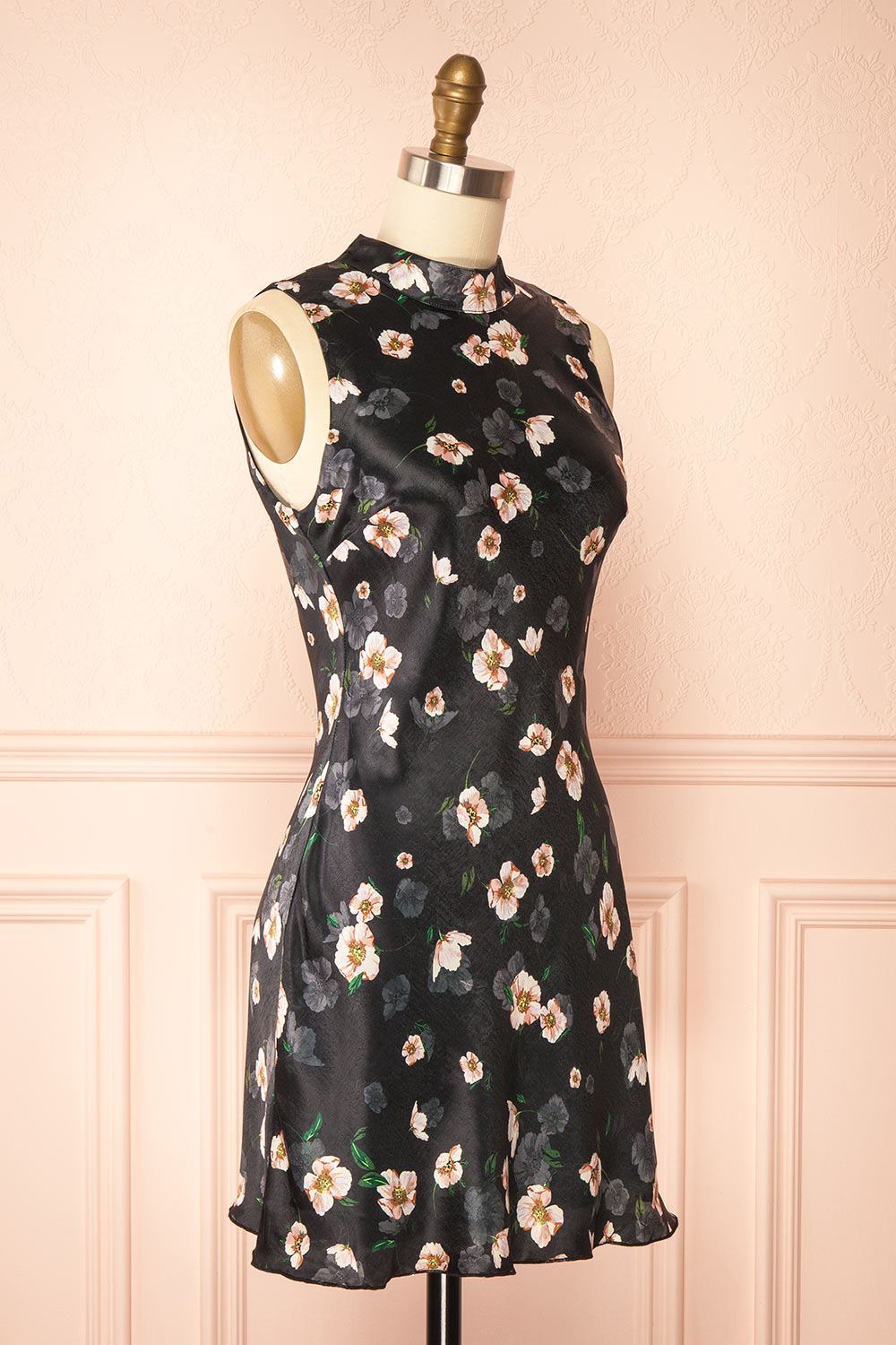 side view of sewing mannequin wearing Dalilah Short Floral Dress with Open Back from Boutique 1861