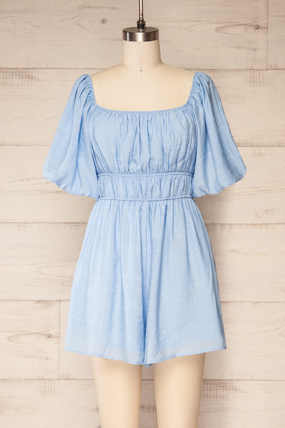 Damascus Blue Short Romper w/ Puffy Sleeves | La petite garçonne front view