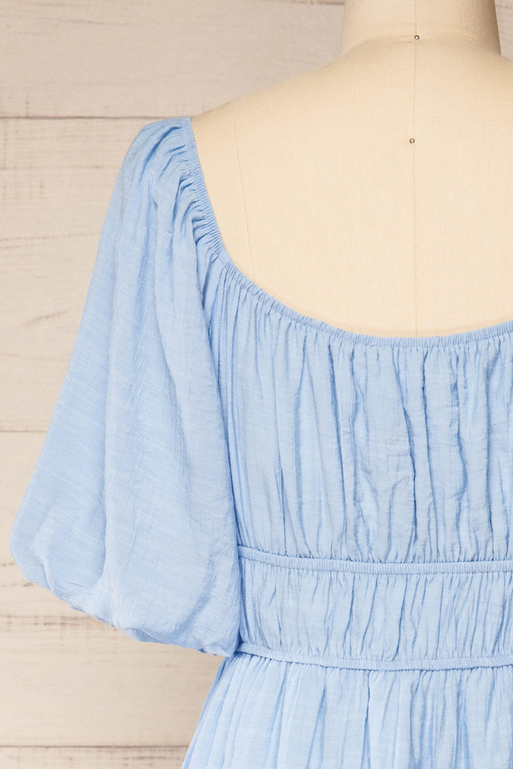 Damascus Blue Short Romper w/ Puffy Sleeves | La petite garçonne back close-up