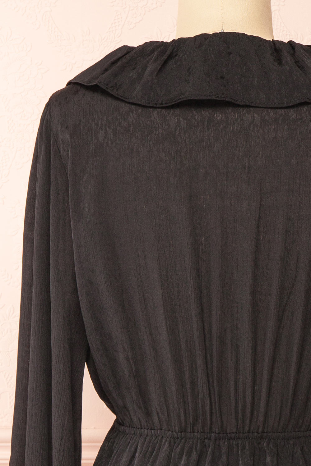 Dana Black Short Dress w/ Ruffled Neckline | Boutique 1861 back close-up