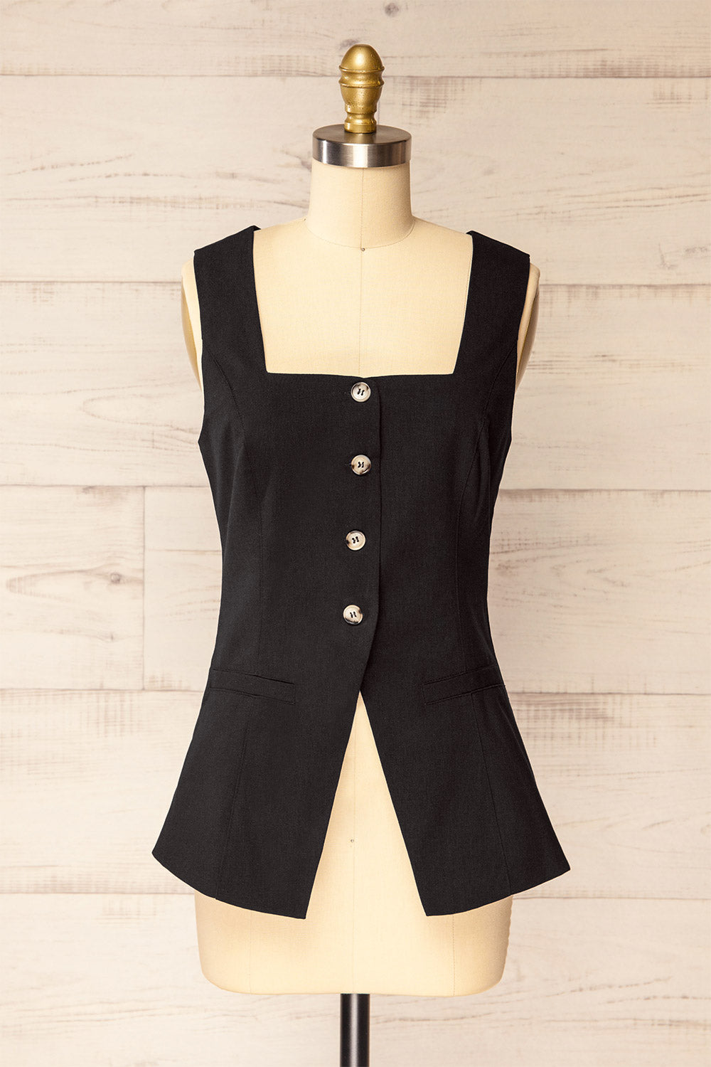 Danda Black Longline Button-Down Vest Top | La petite garçonne front view