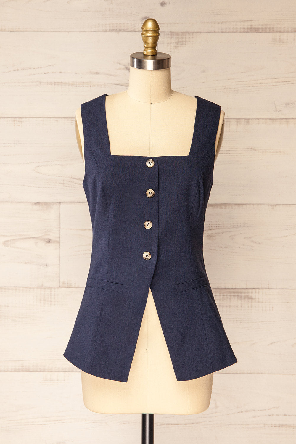 Danda Navy Longline Button-Down Vest Top | La petite garçonne front view