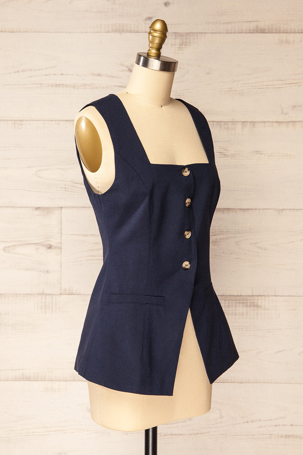Danda Navy Longline Button-Down Vest Top | La petite garçonne side view