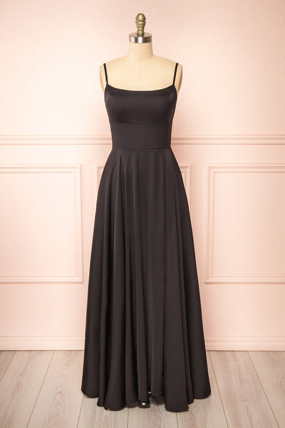 Darcy Black Maxi Satin Dress w/ Slit | Boutique 1861 front view