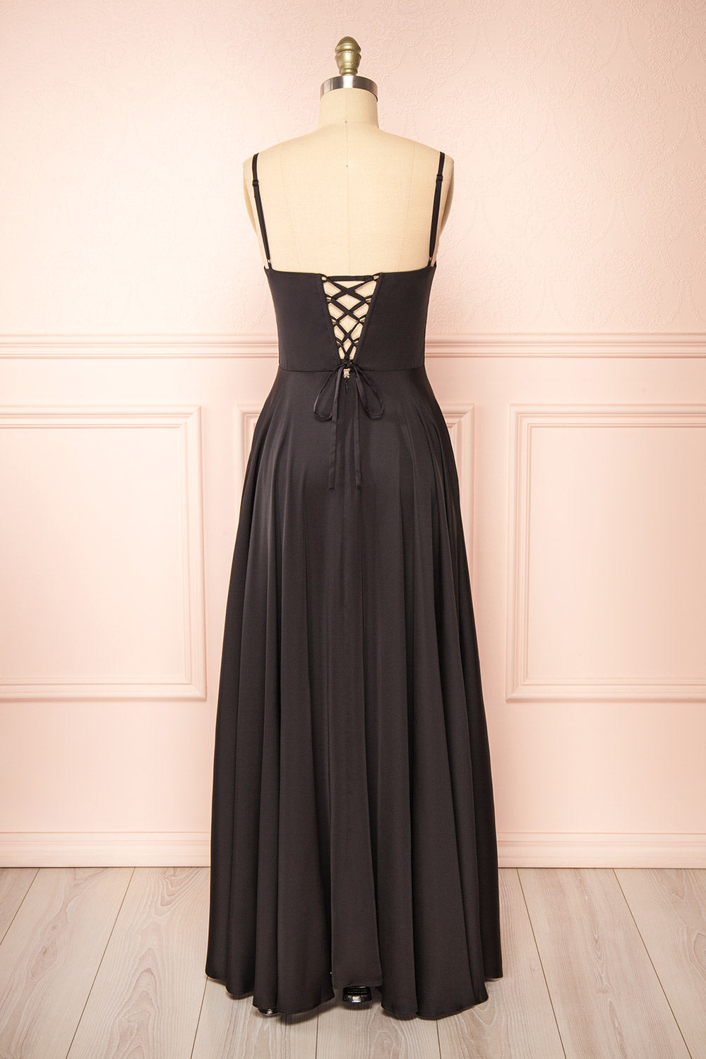 Darcy Black Maxi Satin Dress w/ Slit | Boutique 1861 back view