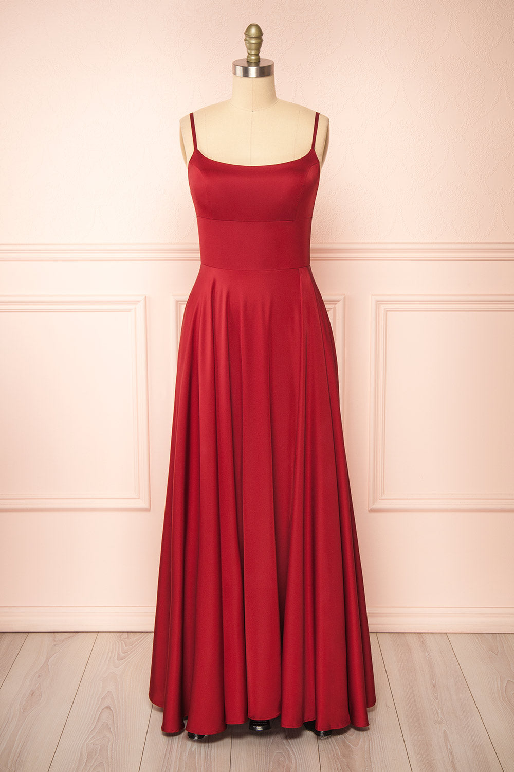Darcy Burgundy Maxi Satin Dress w/ Slit | Boutique 1861 front view