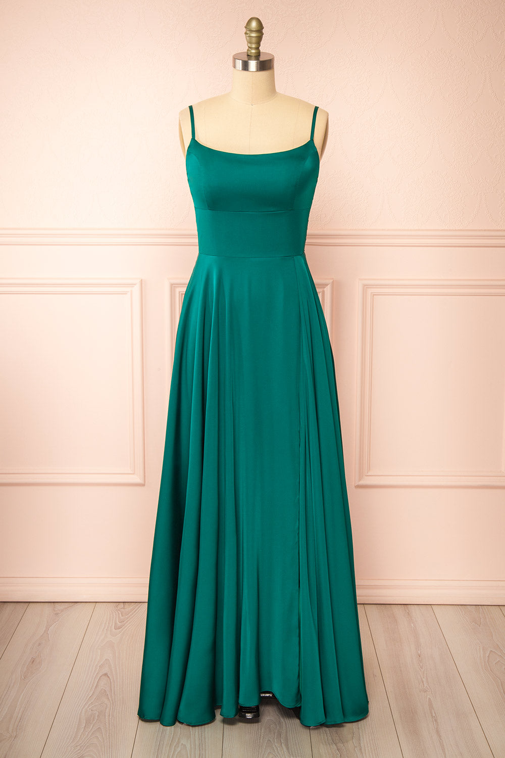 Darcy Green Maxi Satin Dress w/ Slit | Boutique 1861 front view