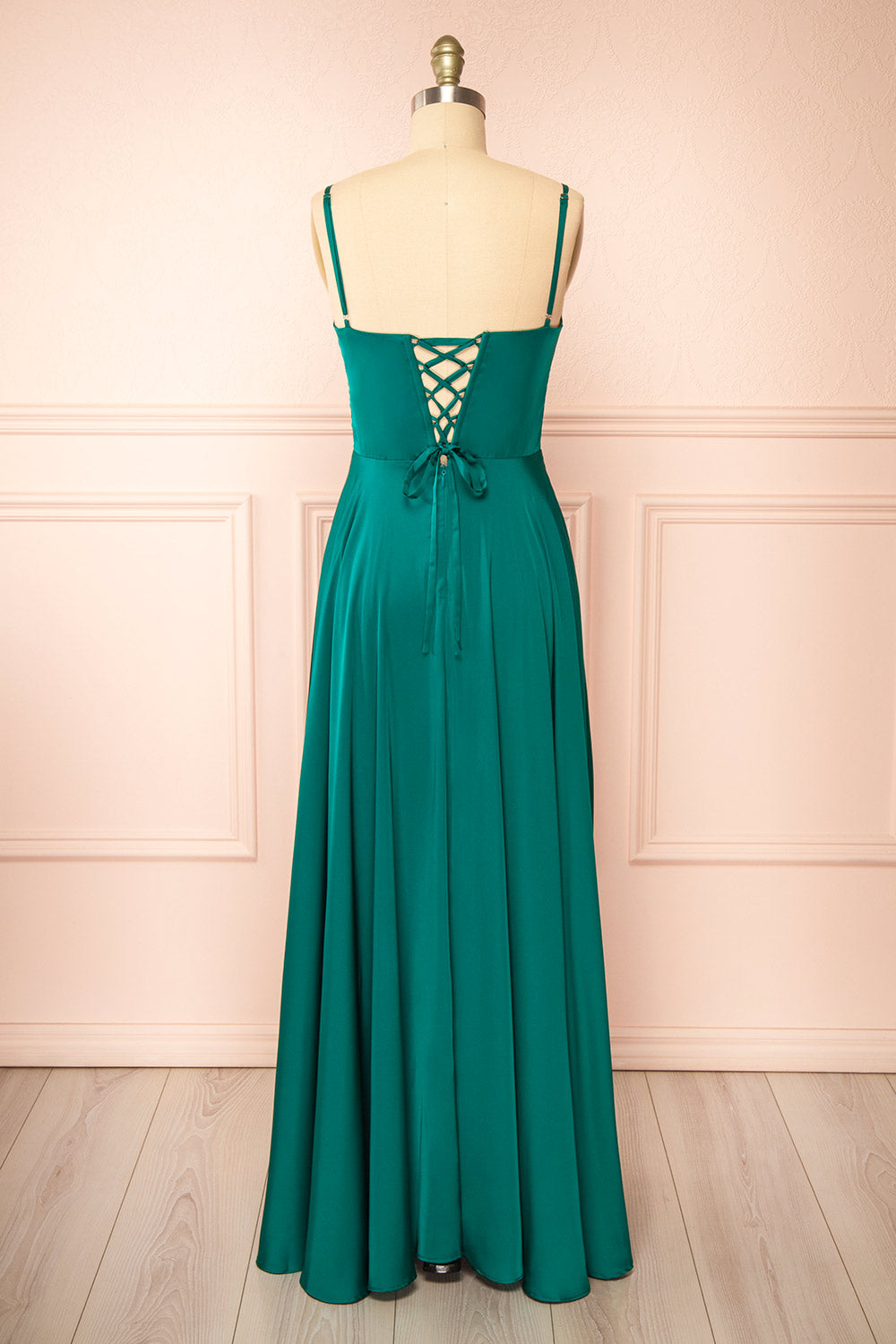Darcy Green Maxi Satin Dress w/ Slit | Boutique 1861 back view