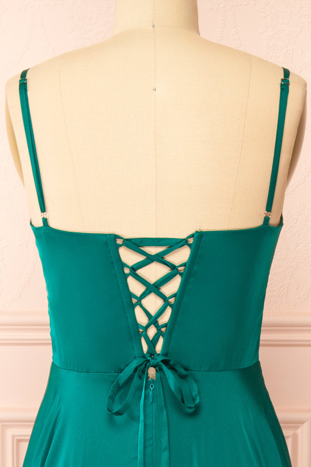 Darcy Green Maxi Satin Dress w/ Slit | Boutique 1861 back