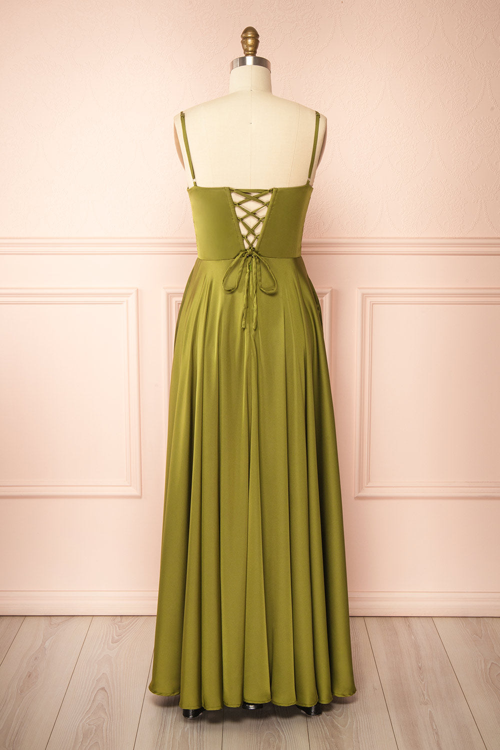 Darcy Khaki Maxi Satin Dress with Slit | Boutique 1861 back view
