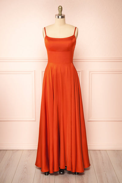 Darcy Rust Maxi Satin Dress w/ Slit | Boutique 1861 front view