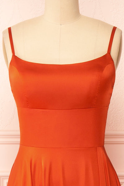 Darcy Rust Maxi Satin Dress w/ Slit | Boutique 1861 front