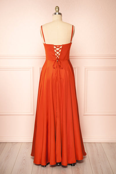Darcy Rust Maxi Satin Dress w/ Slit | Boutique 1861 back view