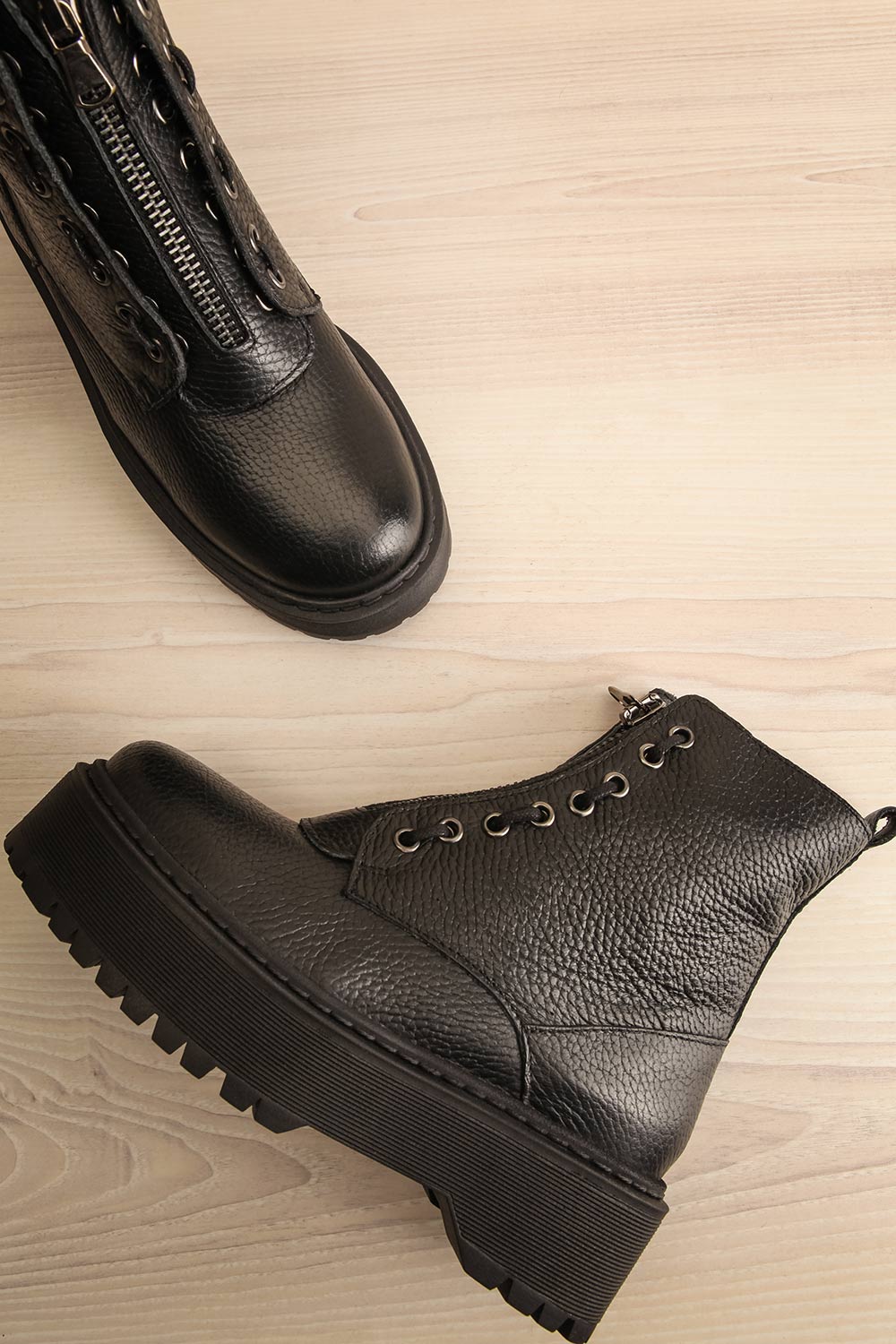 Darre Black Leather Platform Boots | La petite garçonne flat lay view