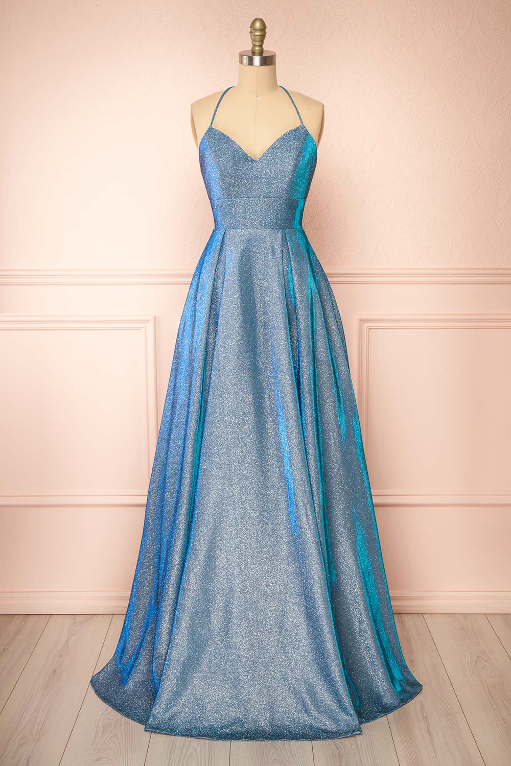 Darya Blue Sparkly Maxi Dress w/ Laced Back | Boutique 1861 front view