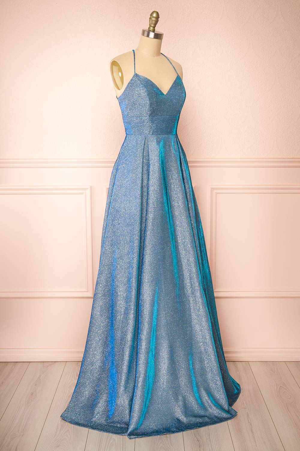 Darya Blue Sparkly Maxi Dress w/ Laced Back | Boutique 1861 side view