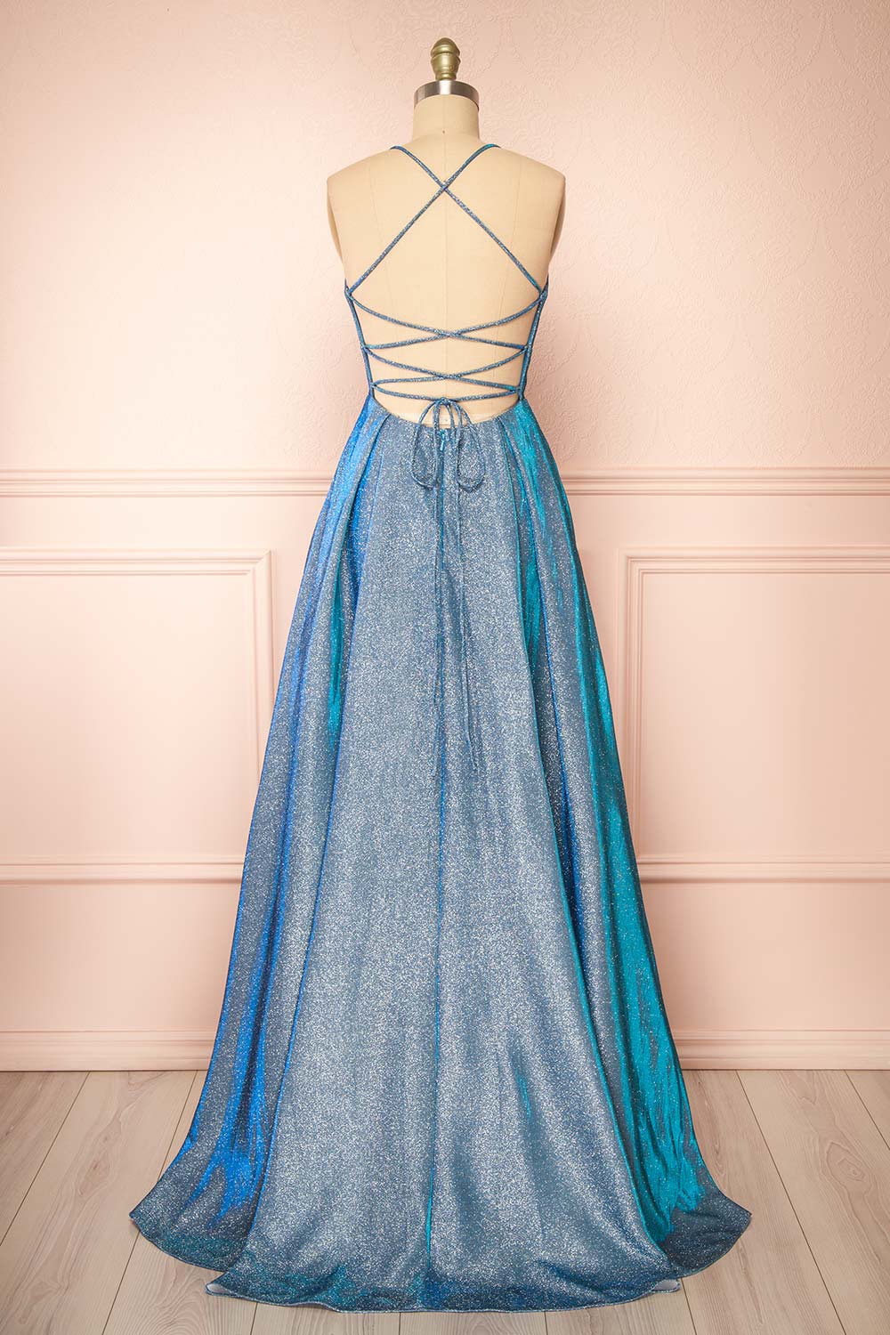 Darya Blue Sparkly Maxi Dress w/ Laced Back | Boutique 1861 back view