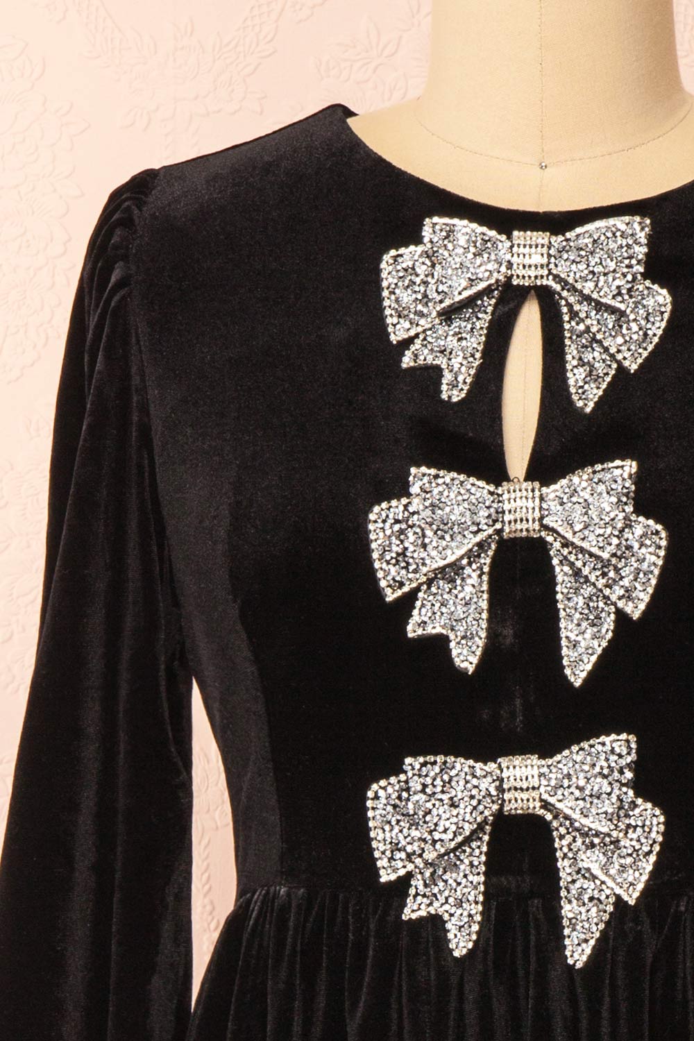 Dazzlina Black Velvet Dress w/ Bows | Boutique 1861 front