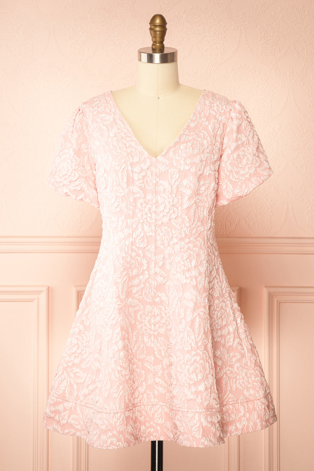 Deedee Pink Floral Short Dress with Puff Sleeves | Boutique 1861 front view
