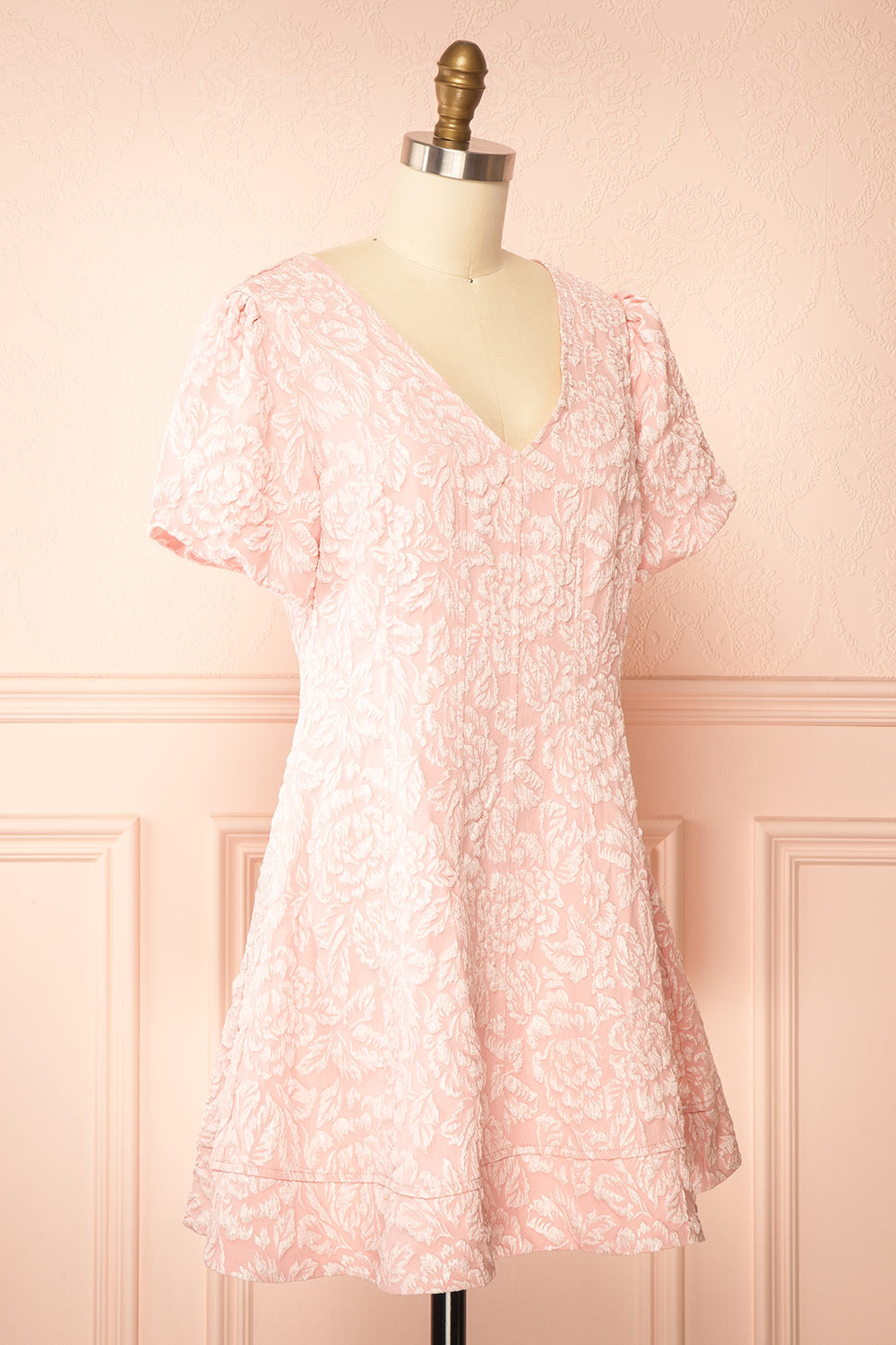 Deedee Pink Floral Short Dress with Puff Sleeves | Boutique 1861 side view