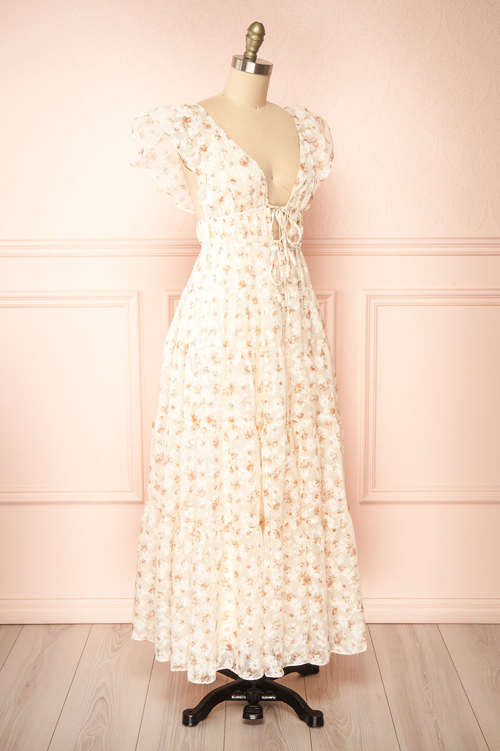 Deerla Beige Floral Midi Dress w/ Ruffles | Boutique 1861 side view