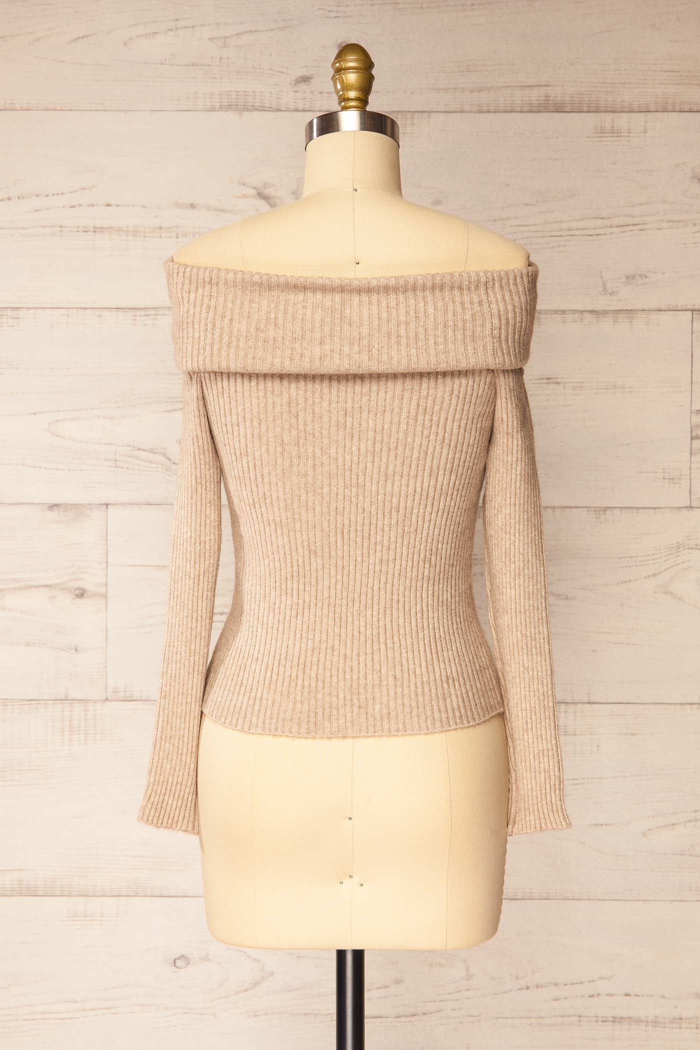 Delhi Beige Off-the-Shoulder Ribbed Knit Sweater | La petite garçonne back