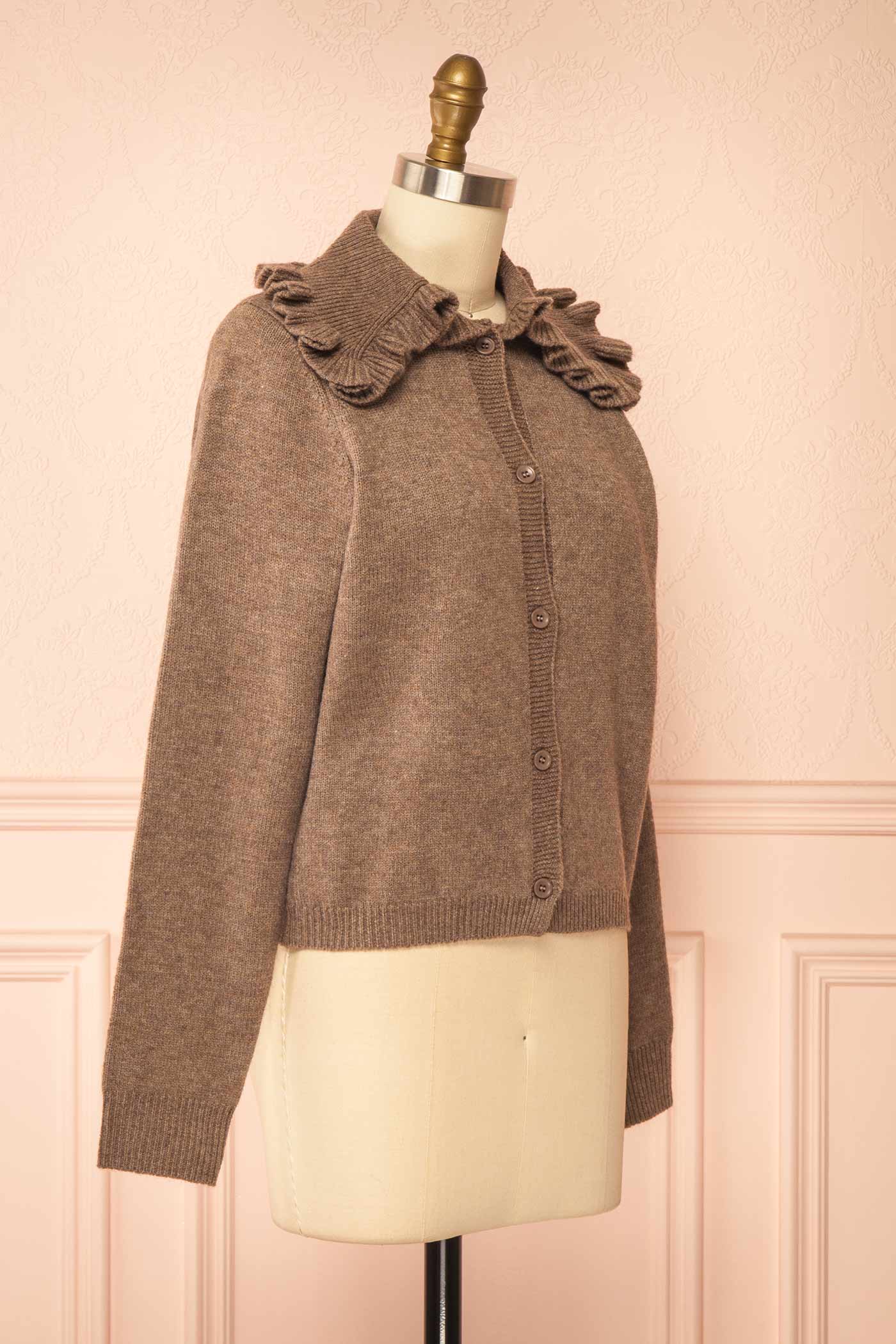 side view of Delmare Taupe Knit Cardigan with Ruffled Peter Pan Collar at Boutique 1861