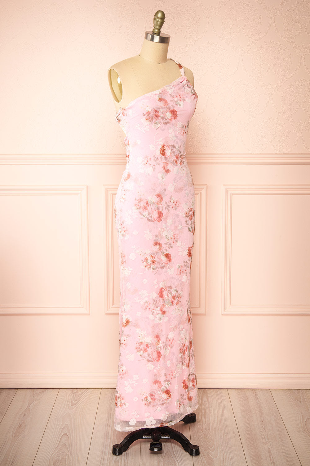 Delores Pink Midi One Shoulder Floral Dress | Boutique 1861 side view