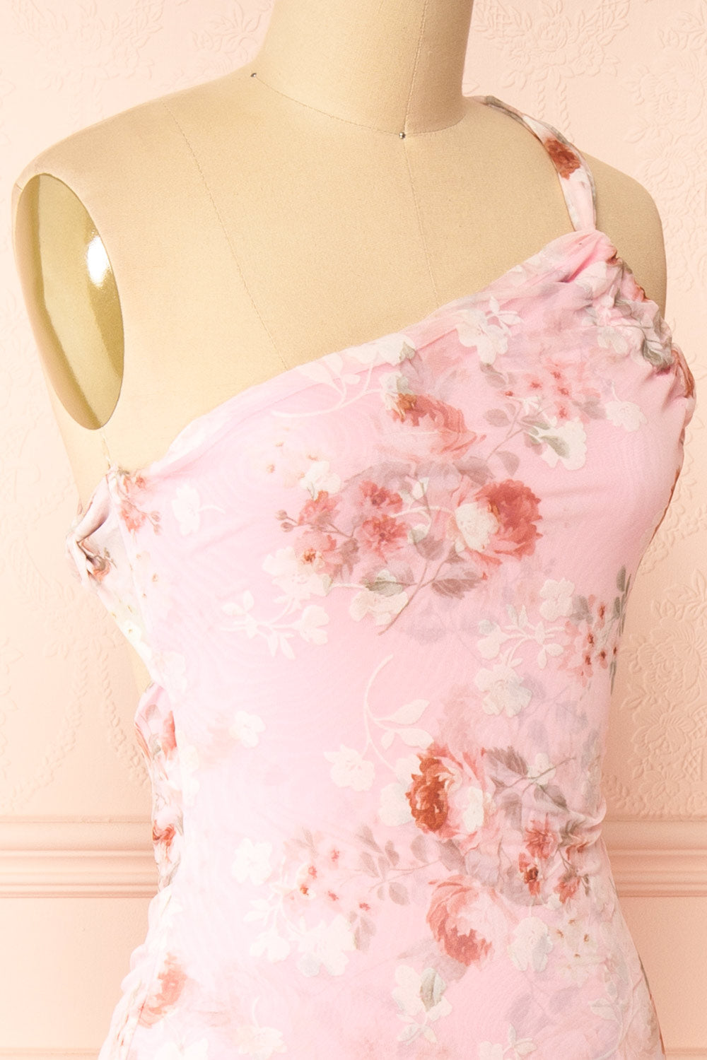 Delores Pink Midi One Shoulder Floral Dress | Boutique 1861 side 