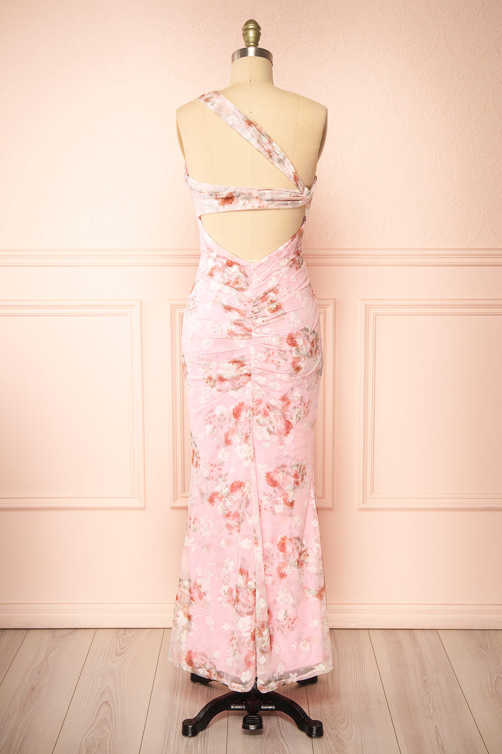 Delores Pink Midi One Shoulder Floral Dress | Boutique 1861 back view