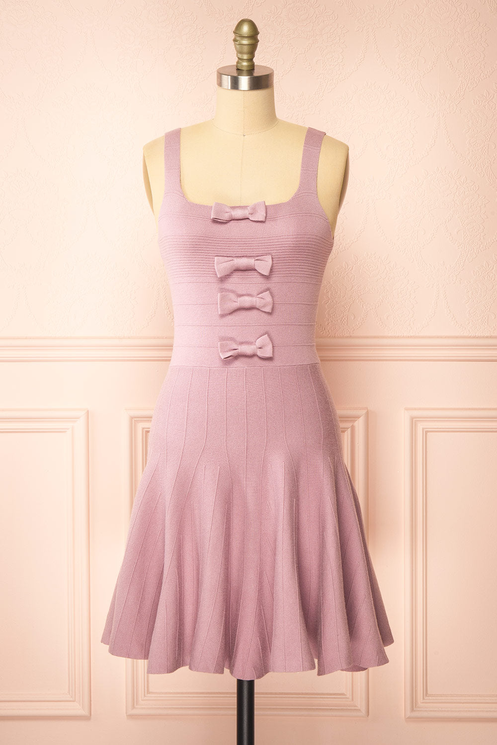 Delphen Short Mauve Ribbed Dress w/ Bows | Boutique 1861 front view