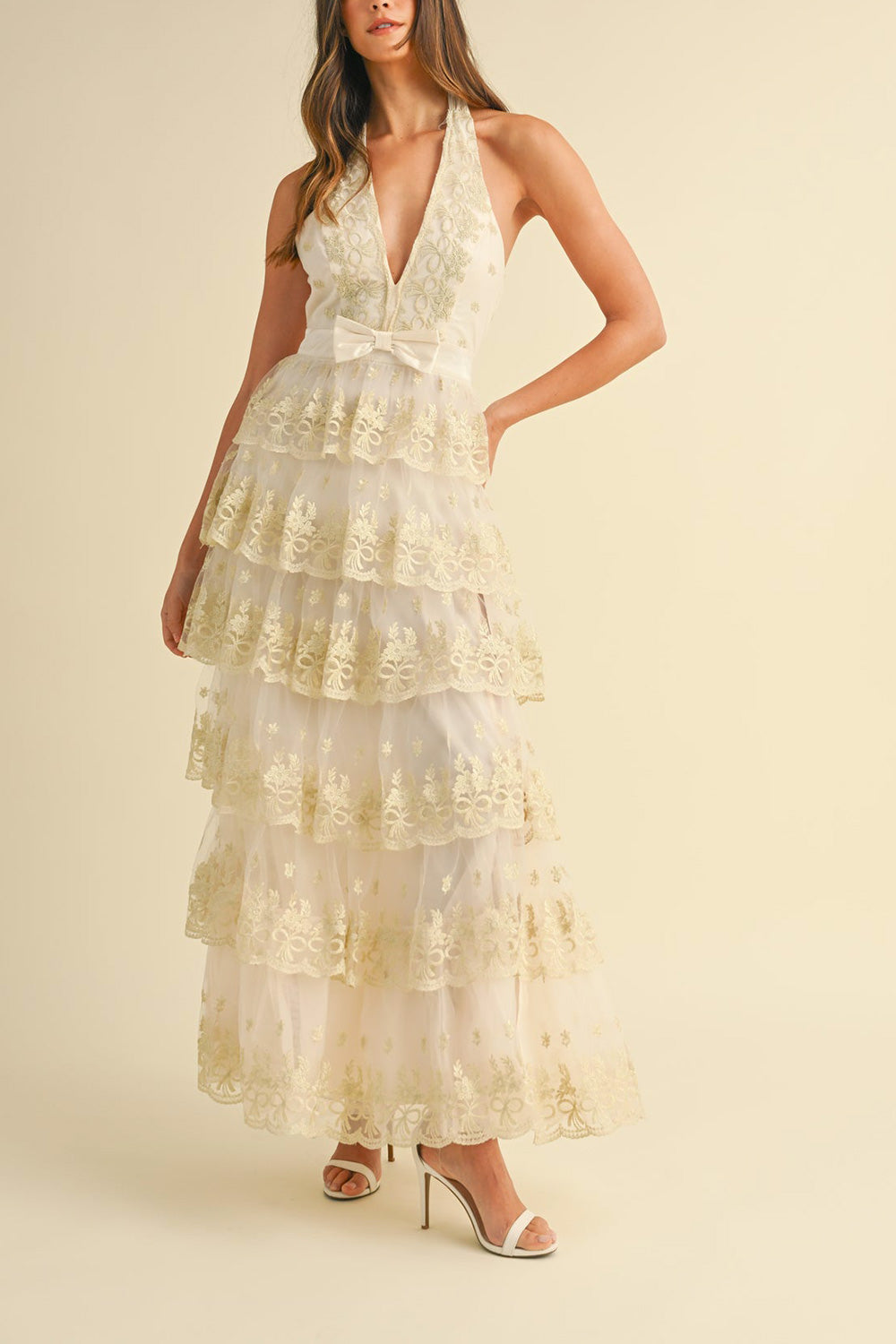 Demera Tiered Embroidered Tulle Maxi Dress | Boudoir 1861 front model