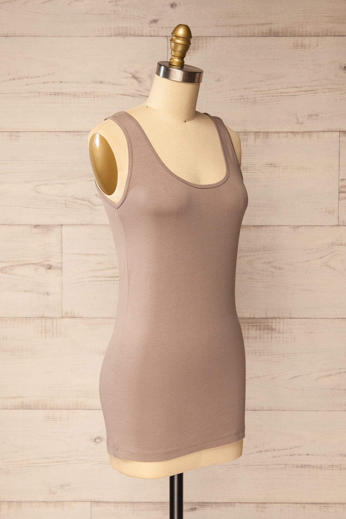 side view of Derek Taupe Scoop Neck Fitted Tank Top at La petite garçonne