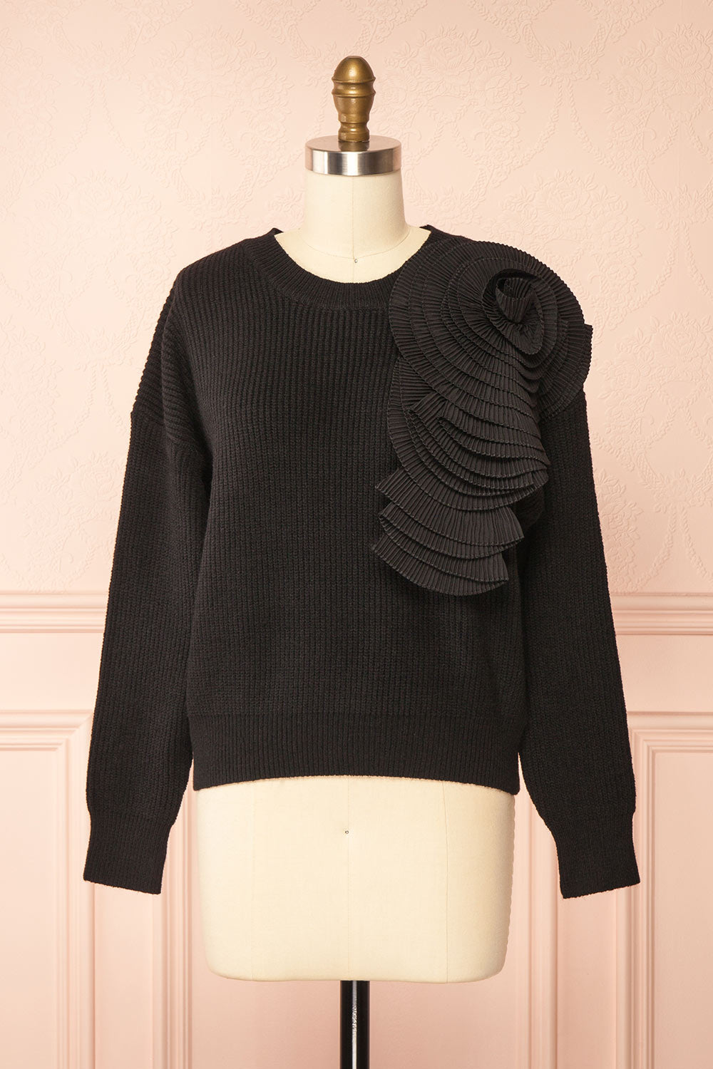Dharapani Black Sweater with Pleated Flower | Boutique 1861 front view