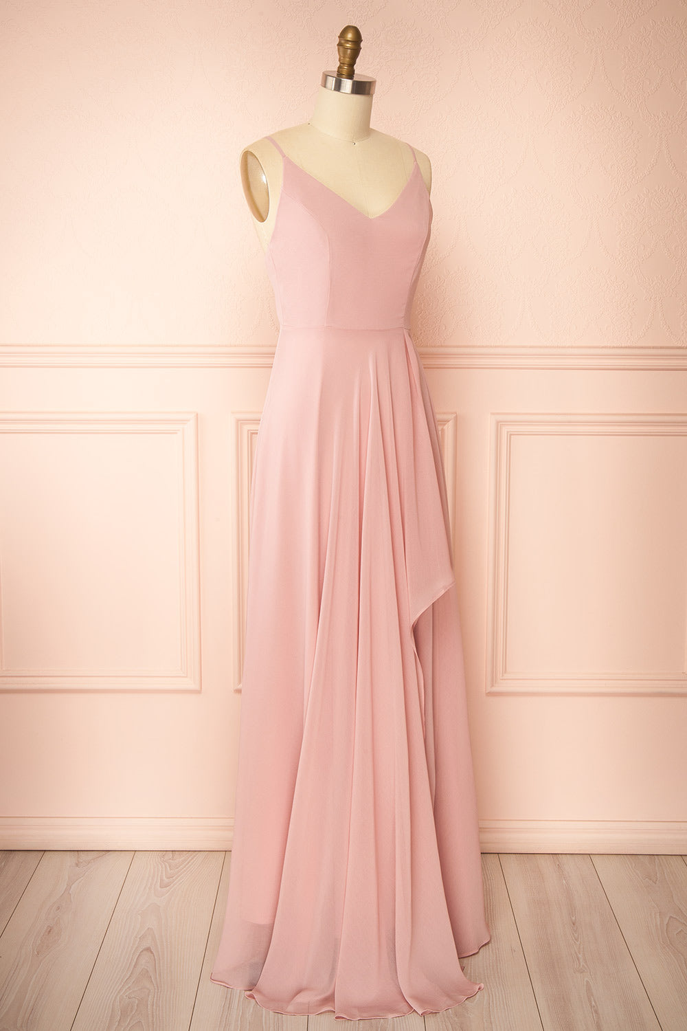 side view of mannequin wearing Diana Blush Exclusive 1861 A-Line Chiffon Dress with Slit from Boutique 1861