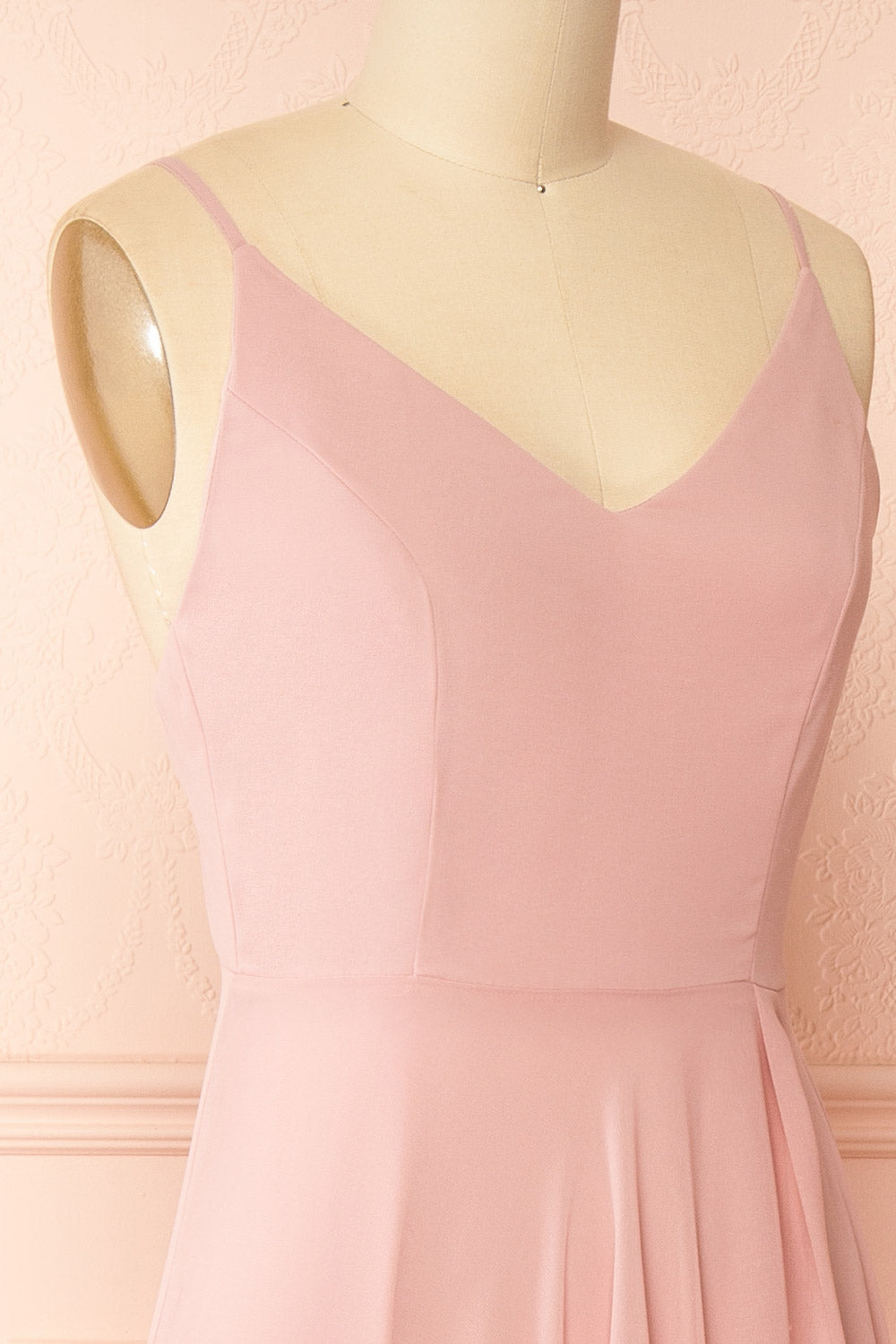 side of mannequin wearing Diana Blush Exclusive 1861 A-Line Chiffon Dress with Slit from Boutique 1861