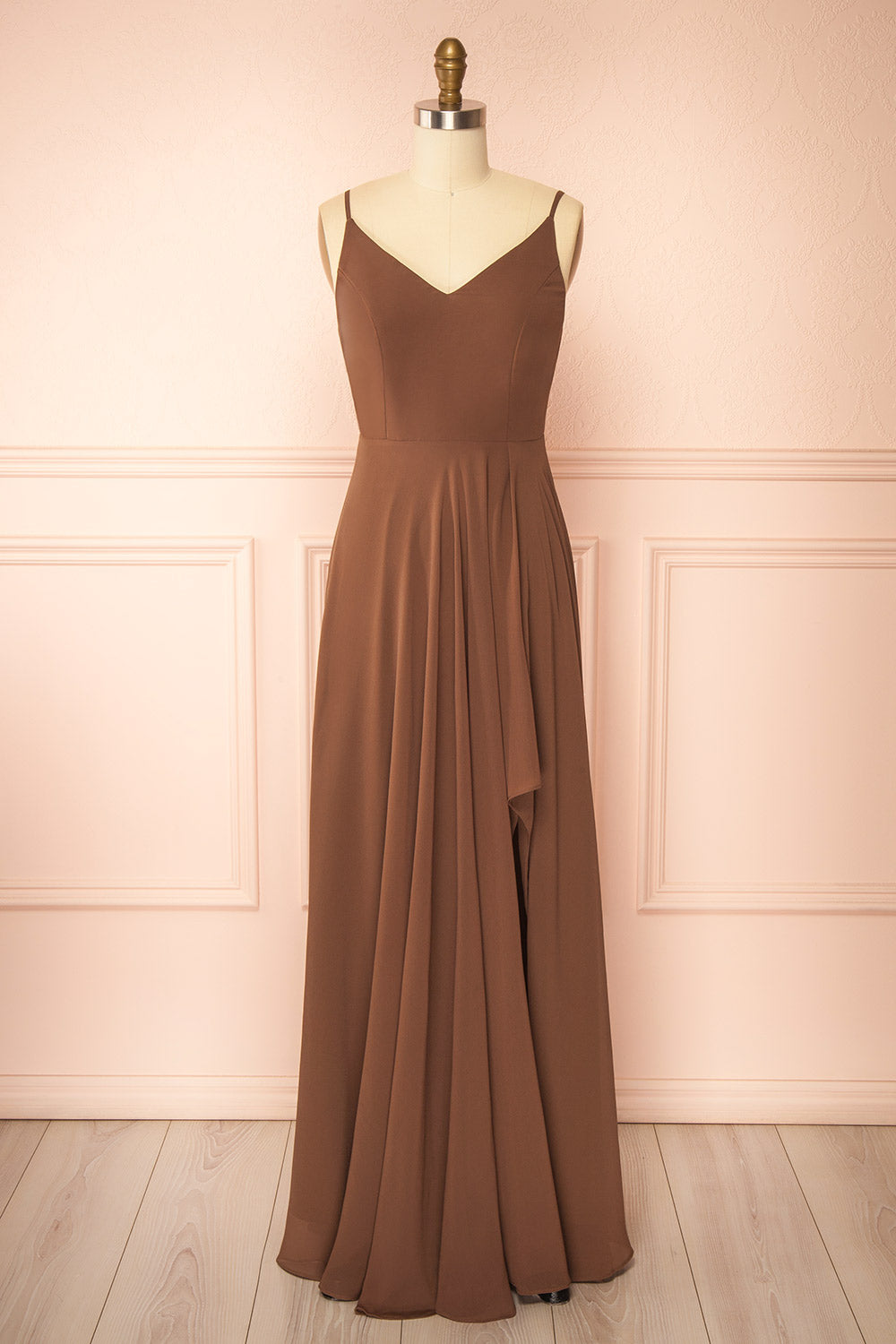 front view of mannequin wearing Diana Brown Exclusive 1861 A-Line Chiffon Dress with Slit from Boutique 1861