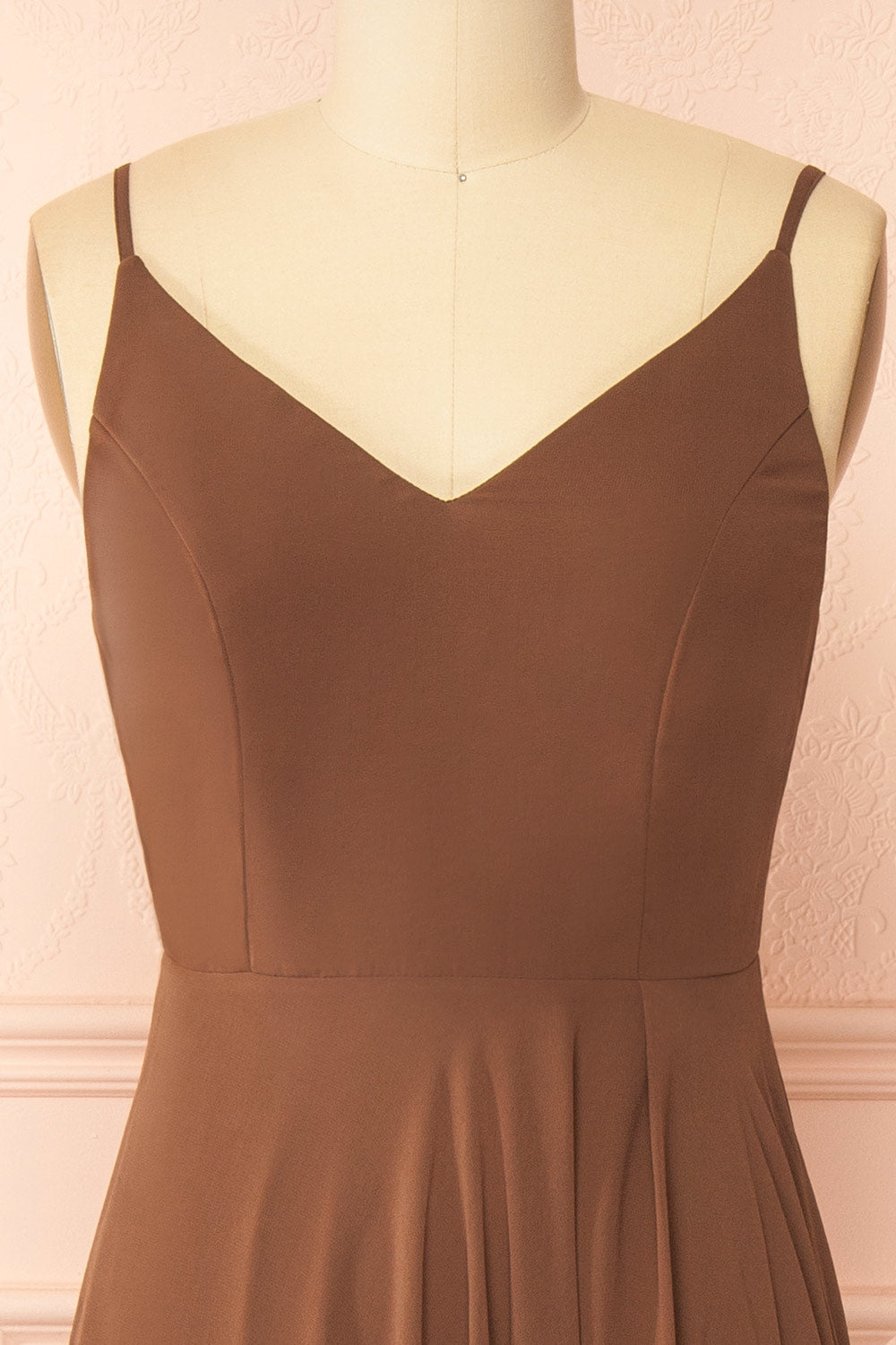 front of mannequin wearing Diana Brown Exclusive 1861 A-Line Chiffon Dress with Slit from Boutique 1861