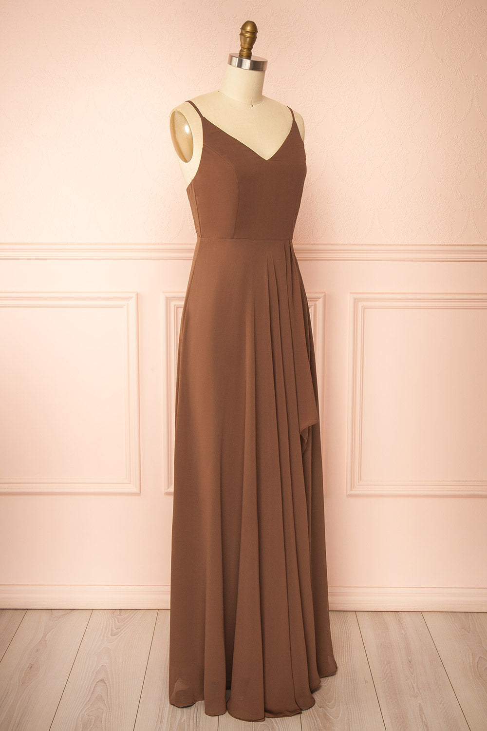side view of mannequin wearing Diana Brown Exclusive 1861 A-Line Chiffon Dress with Slit from Boutique 1861