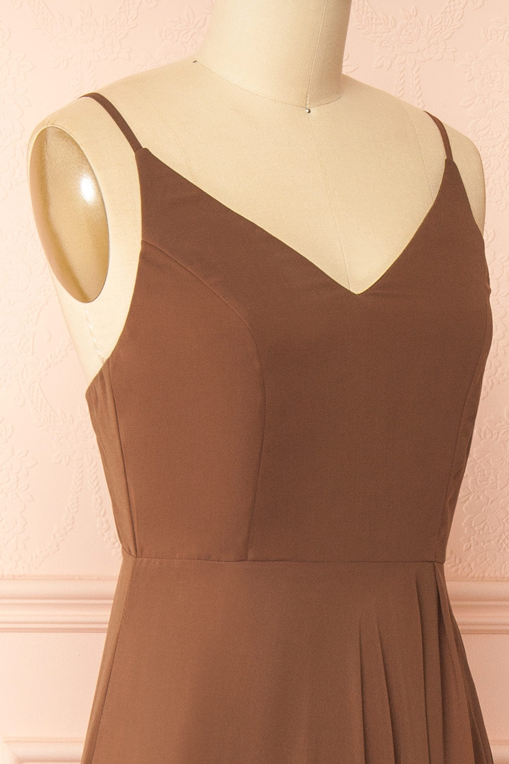 side of mannequin wearing Diana Brown Exclusive 1861 A-Line Chiffon Dress with Slit from Boutique 1861