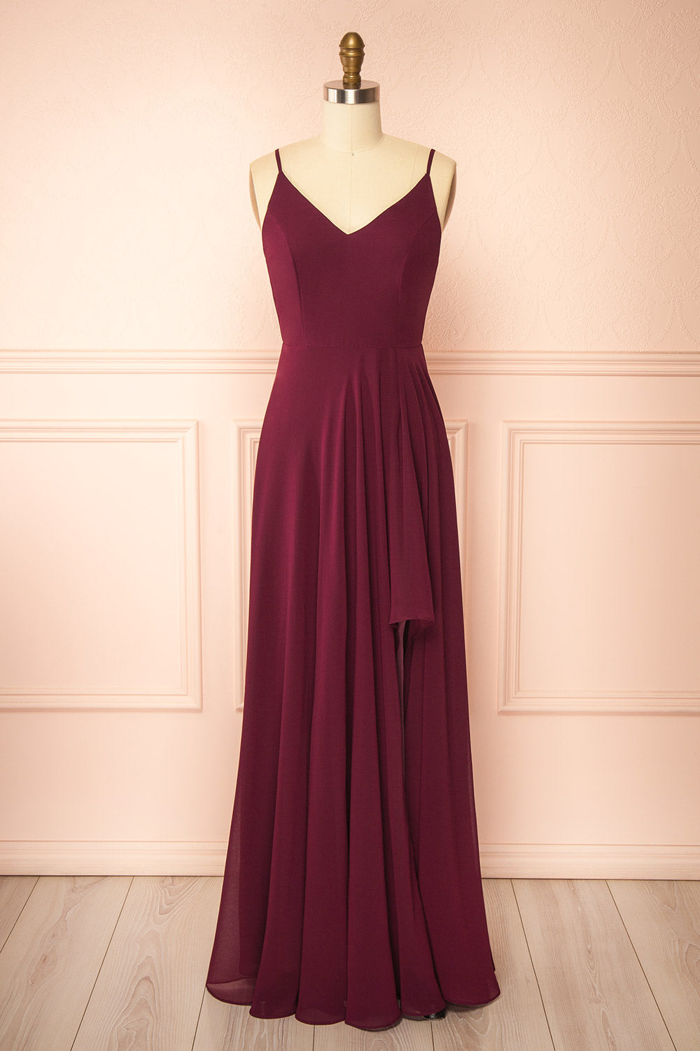 front view of mannequin wearing Diana Burgundy Exclusive 1861 A-Line Chiffon Dress with Slit from Boutique 1861