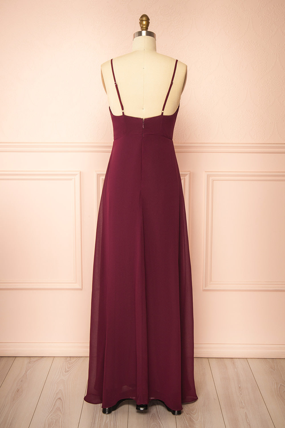 back view of mannequin wearing Diana Burgundy Exclusive 1861 A-Line Chiffon Dress with Slit from Boutique 1861