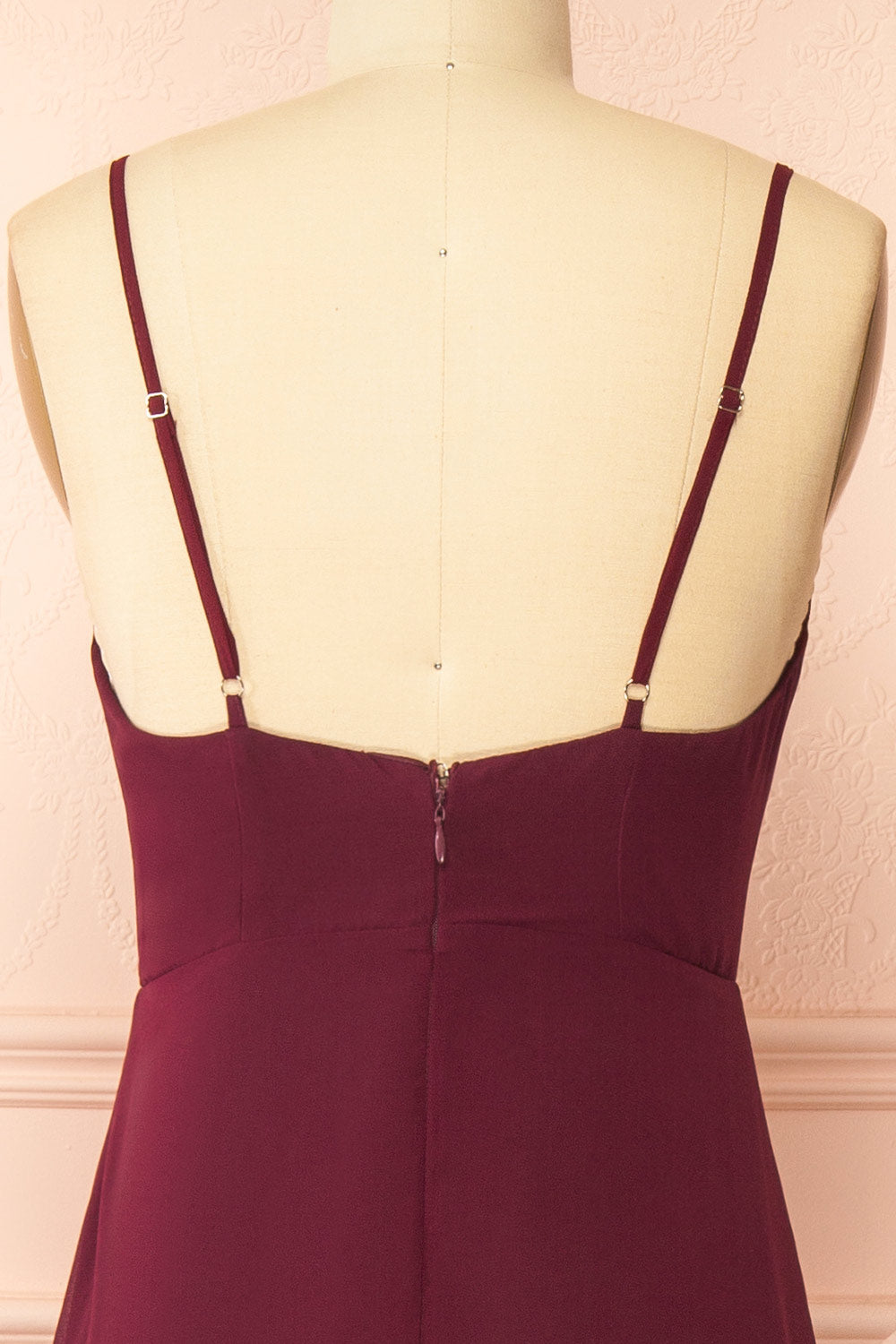back of mannequin wearing Diana Burgundy Exclusive 1861 A-Line Chiffon Dress with Slit from Boutique 1861