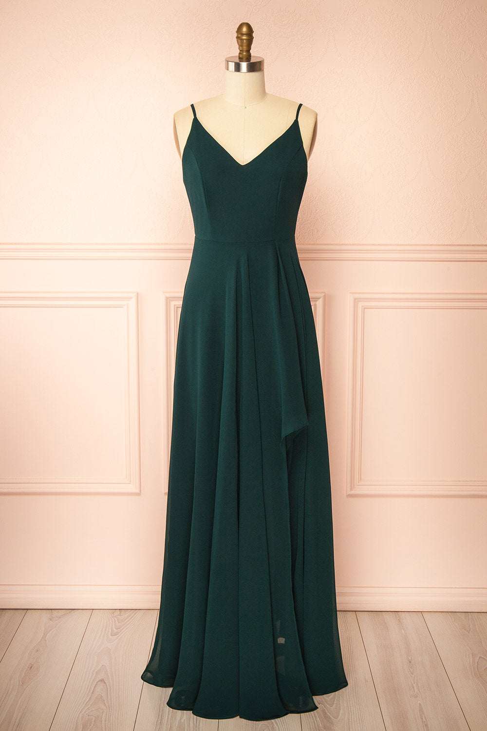 front view of mannequin wearing Diana green Exclusive 1861 A-Line Chiffon Dress with Slit from Boutique 1861