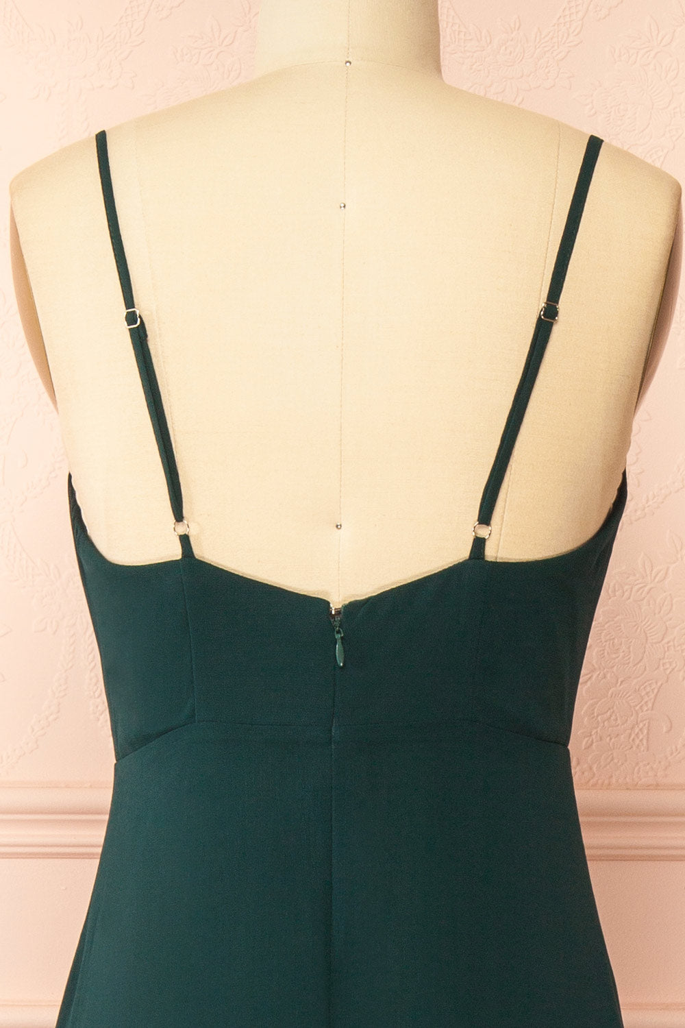 back of mannequin wearing Diana green Exclusive 1861 A-Line Chiffon Dress with Slit from Boutique 1861
