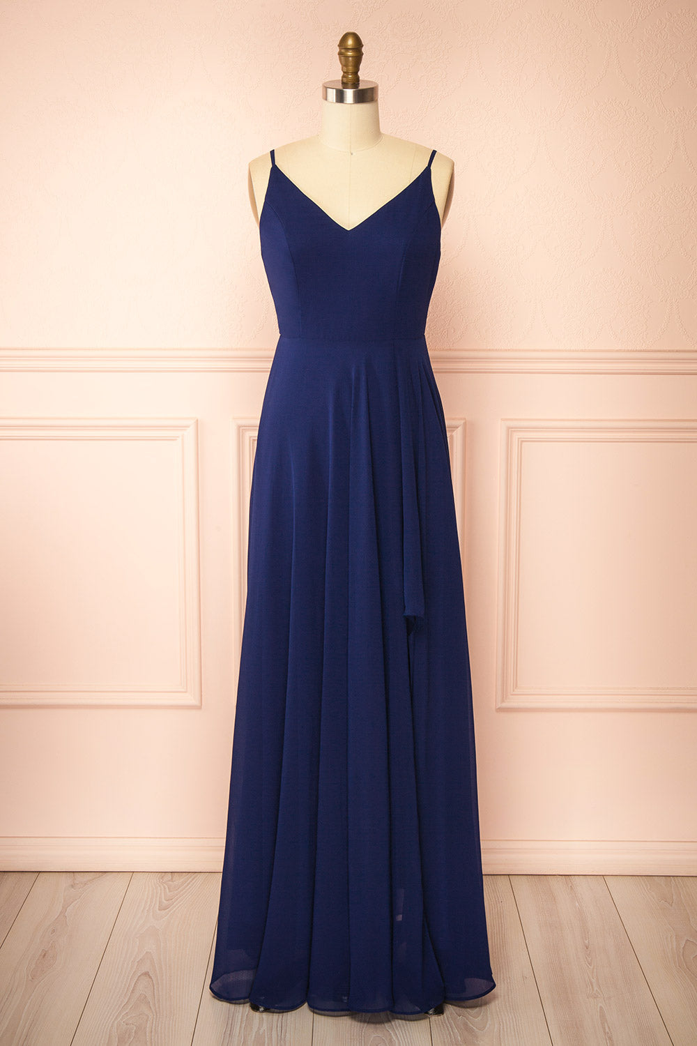 front view of mannequin wearing Diana Navy Exclusive 1861 A-Line Chiffon Dress with Slit from Boutique 1861