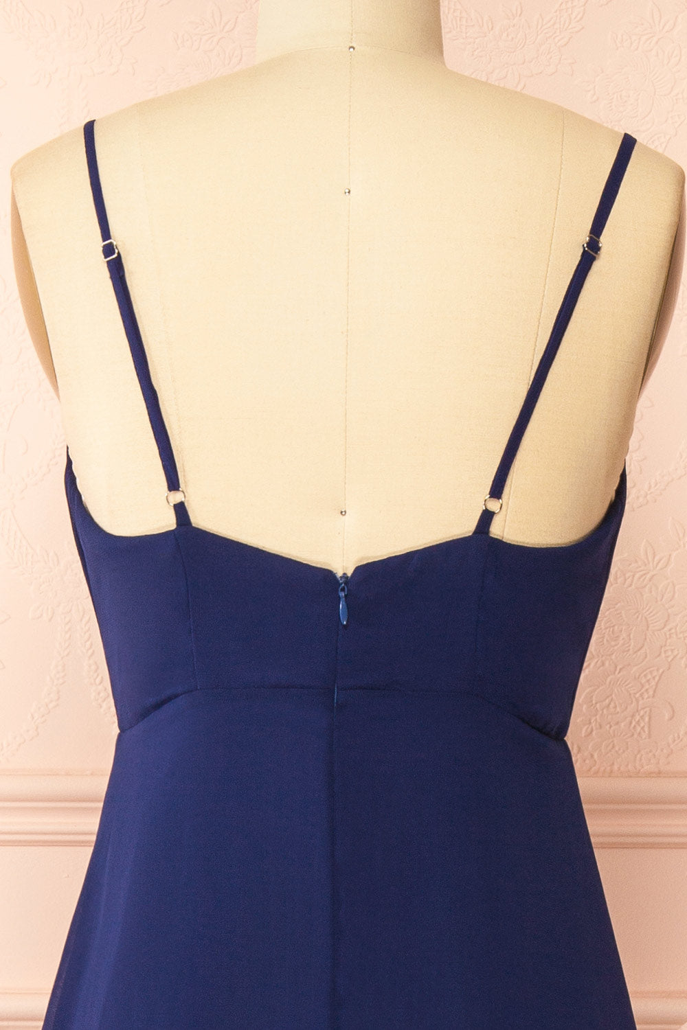 back of mannequin wearing Diana Navy Exclusive 1861 A-Line Chiffon Dress with Slit from Boutique 1861